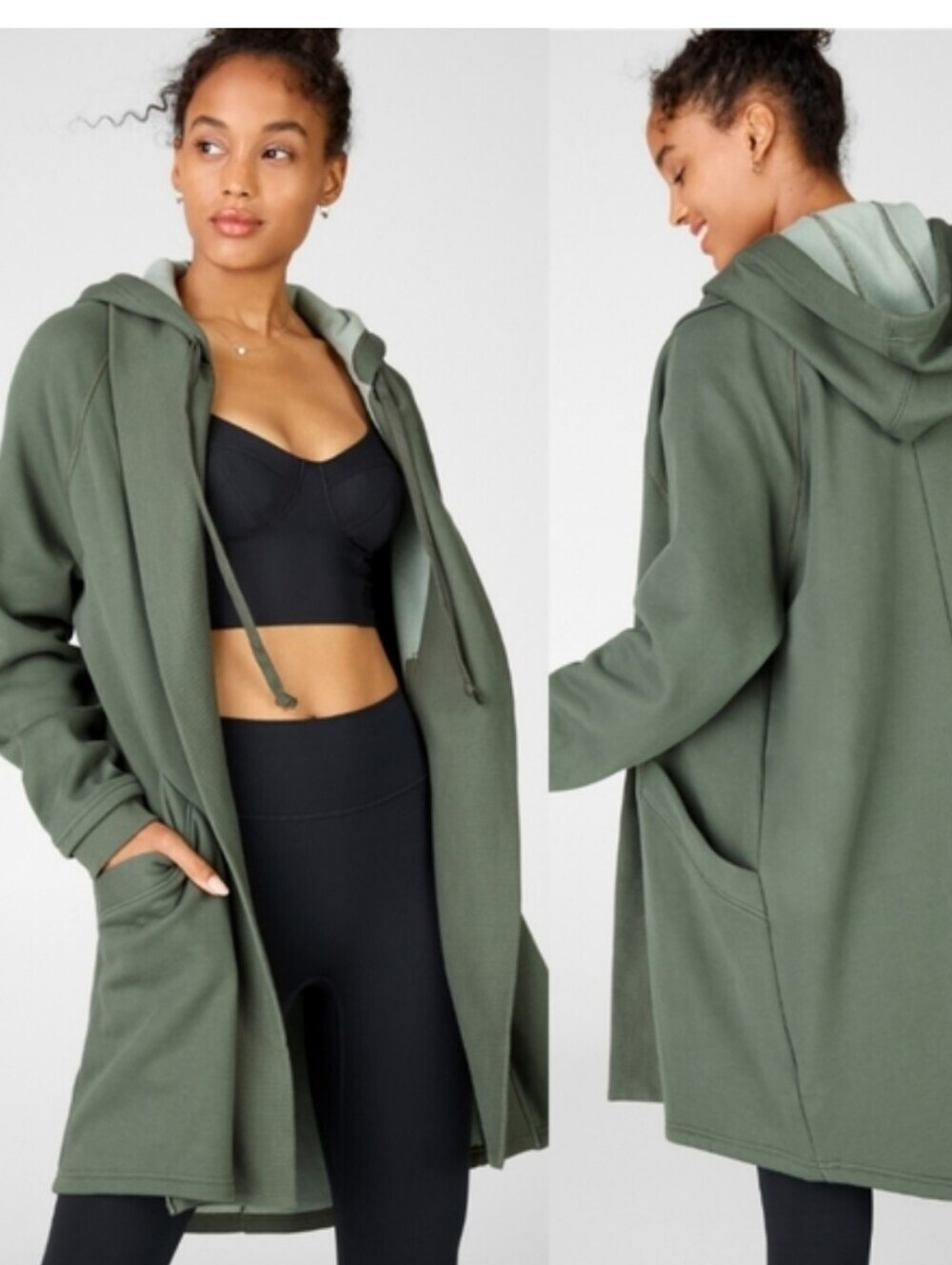 Fabletics Valentina Hooded Long Olive Open Cardigan Jacket XL
